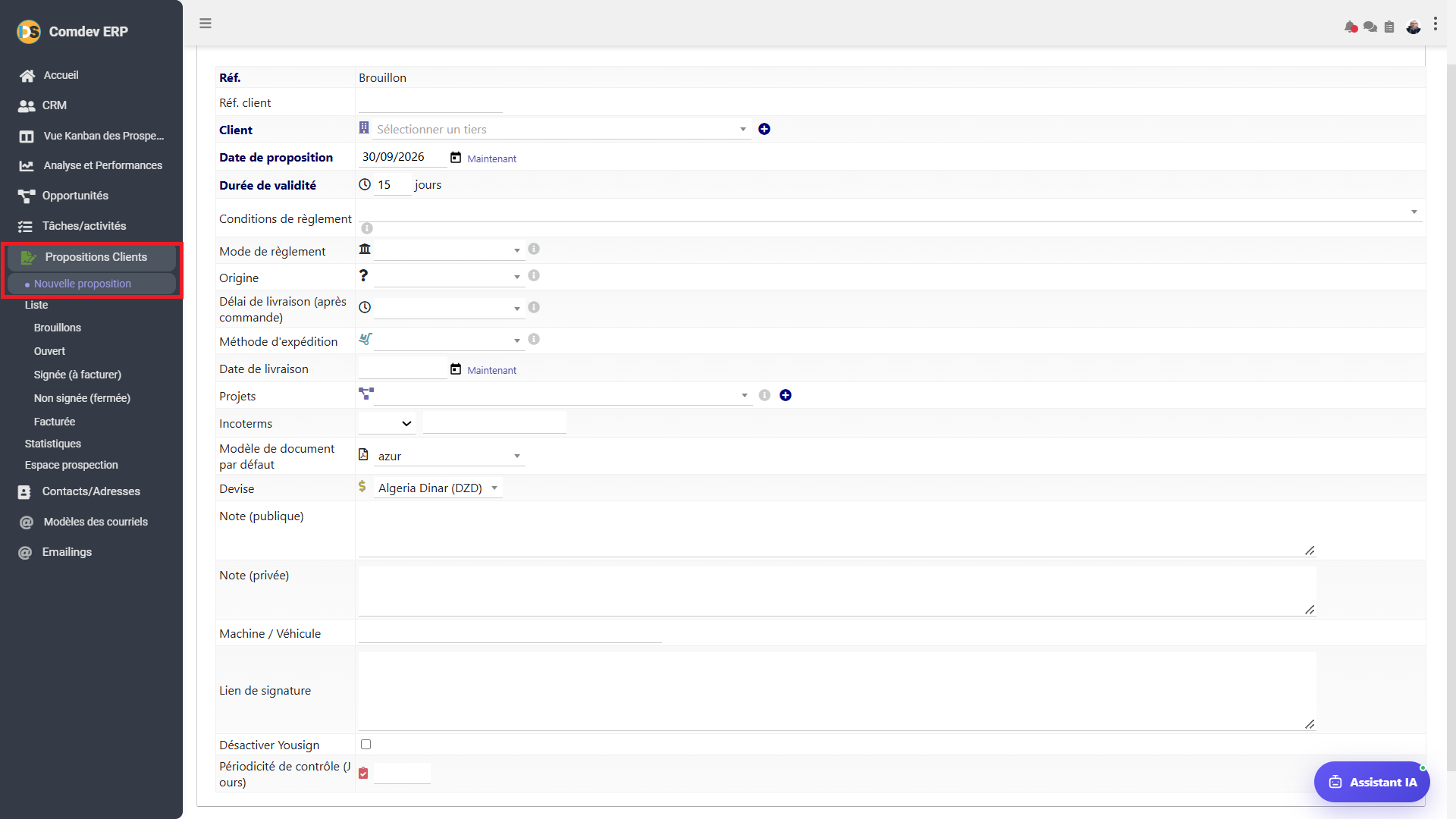 Nouvelle proposition client CRM Comdev ERP