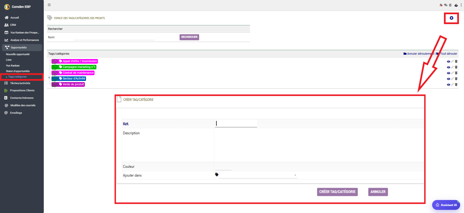 Espace des Tags et Catégories CRM Comdev ERP