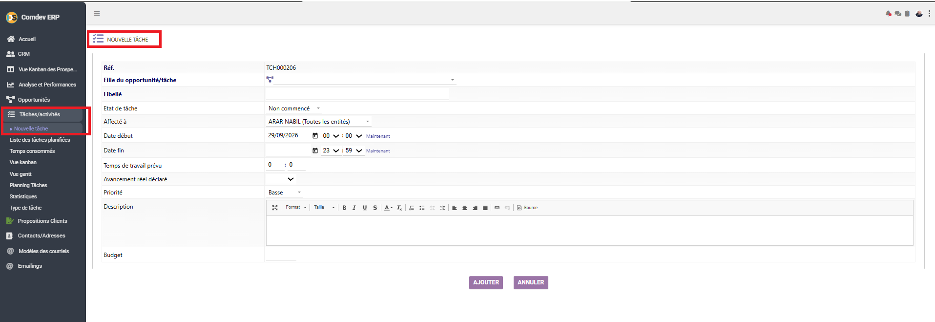 Formulaire Nouvelle Tâche CRM Comdev ERP