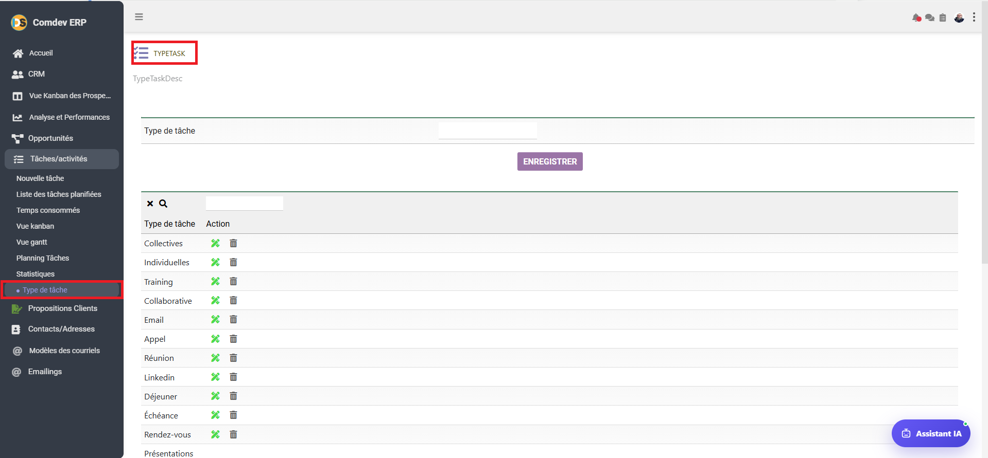 Type de Tâche CRM Comdev ERP