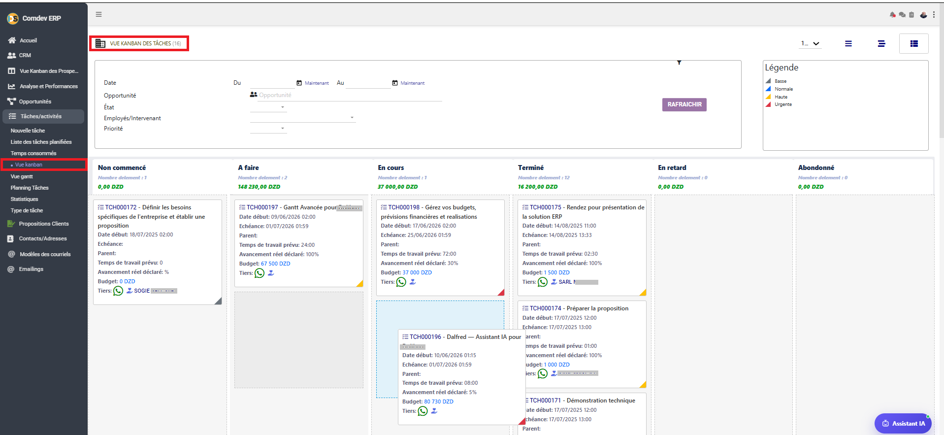 Vue Kanban des Tâches CRM Comdev ERP