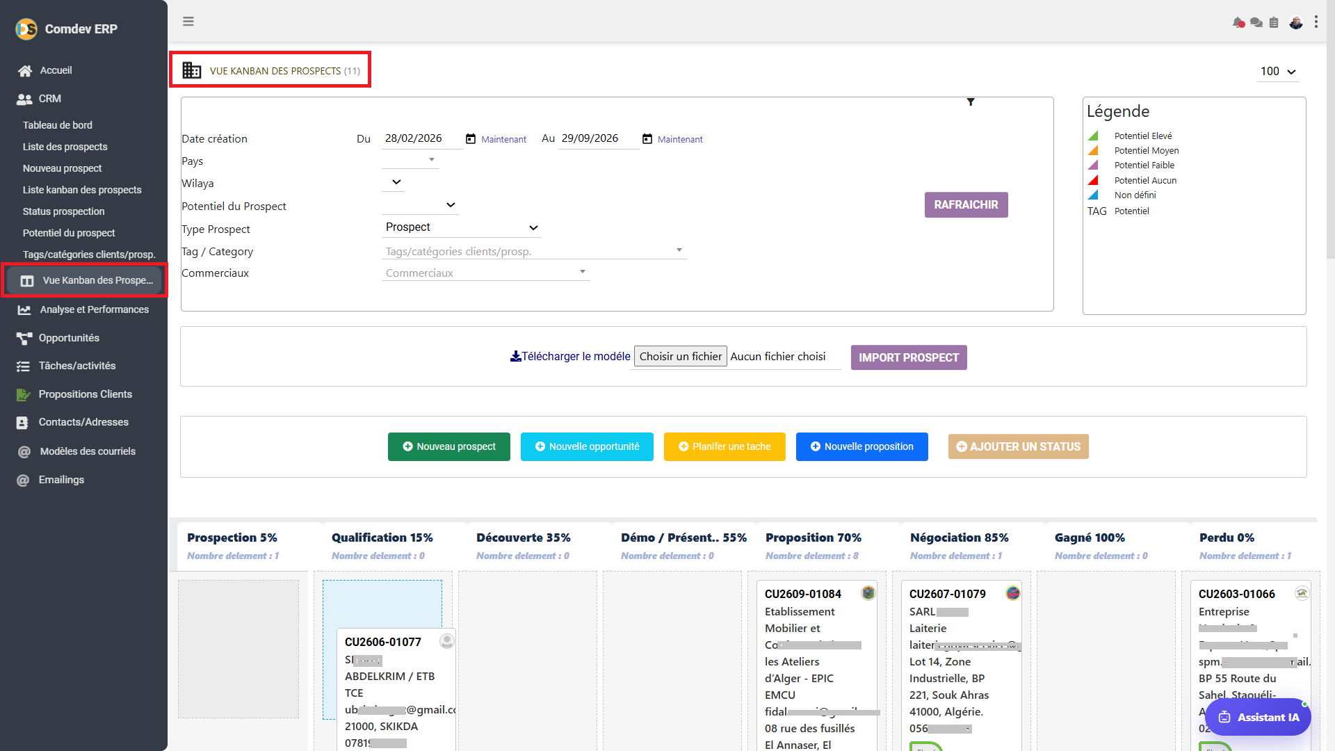 Vue Kanban des prospects Comdev ERP