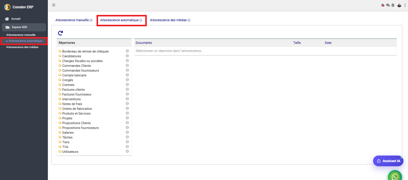 Interface Arborescence automatique GED dans Comdev ERP