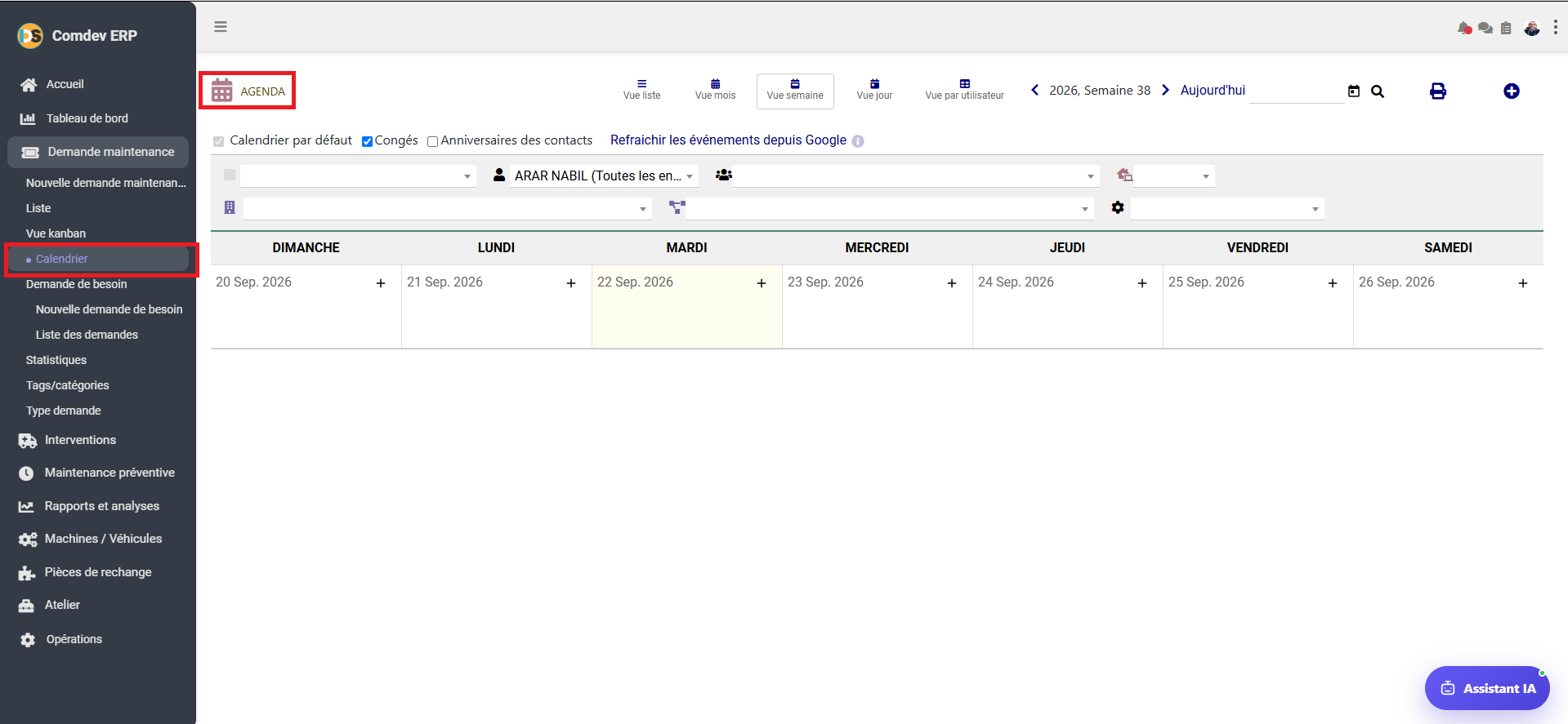 Interface Agenda et Calendrier GMAO Comdev ERP