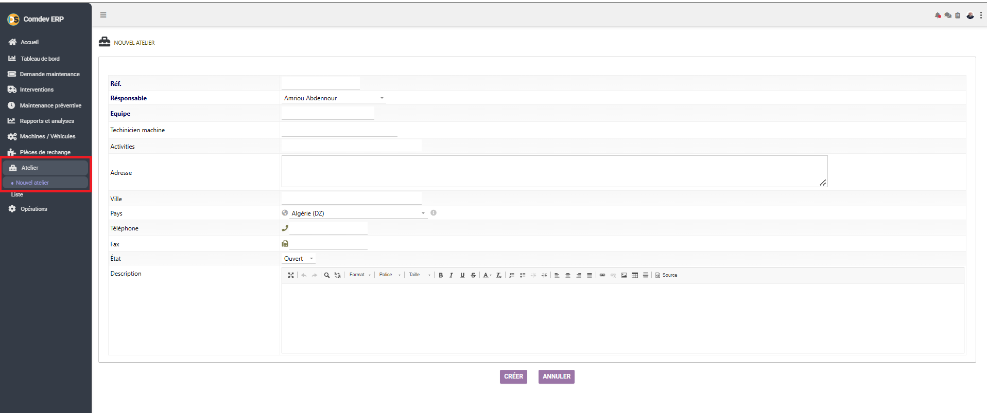 Interface Nouvel Atelier GMAO Comdev ERP