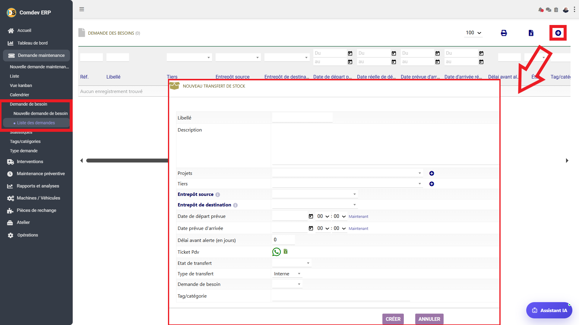 Interface Demande de besoin et Nouveau Transfert de Stock GMAO Comdev ERP