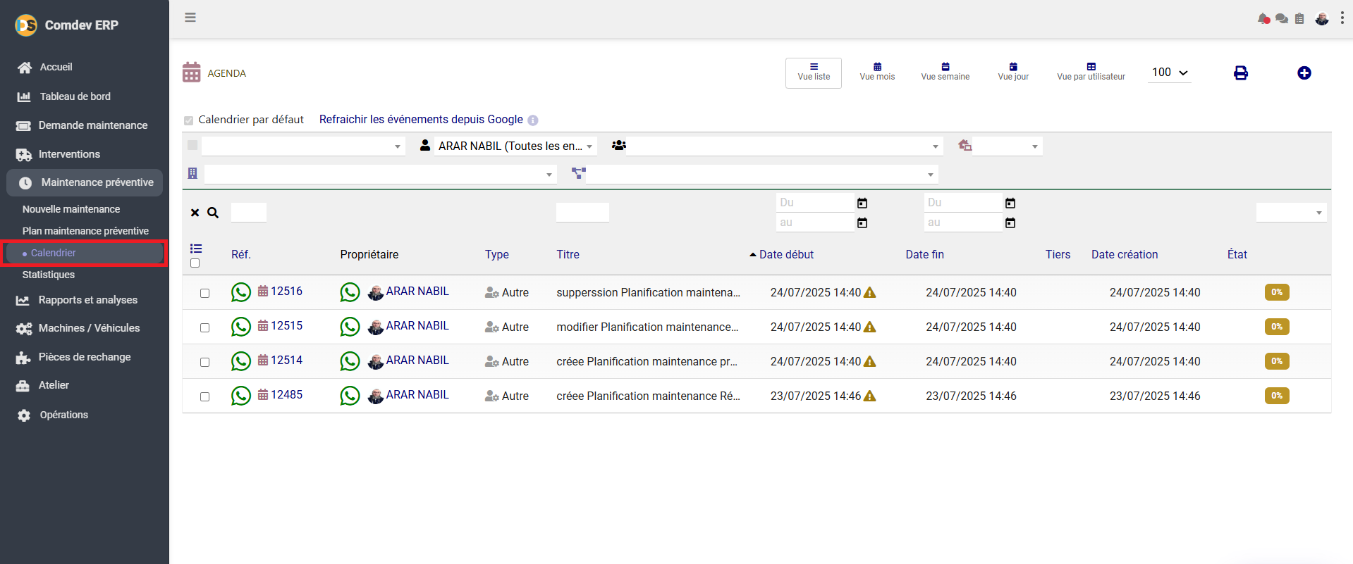 Interface Calendrier Agenda GMAO Comdev ERP