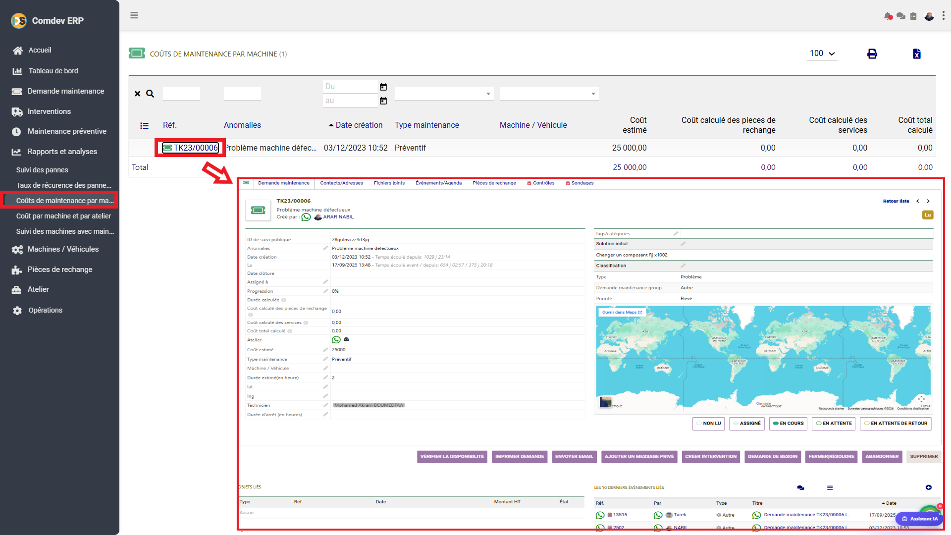 Interface Coûts de maintenance par machine GMAO Comdev ERP
