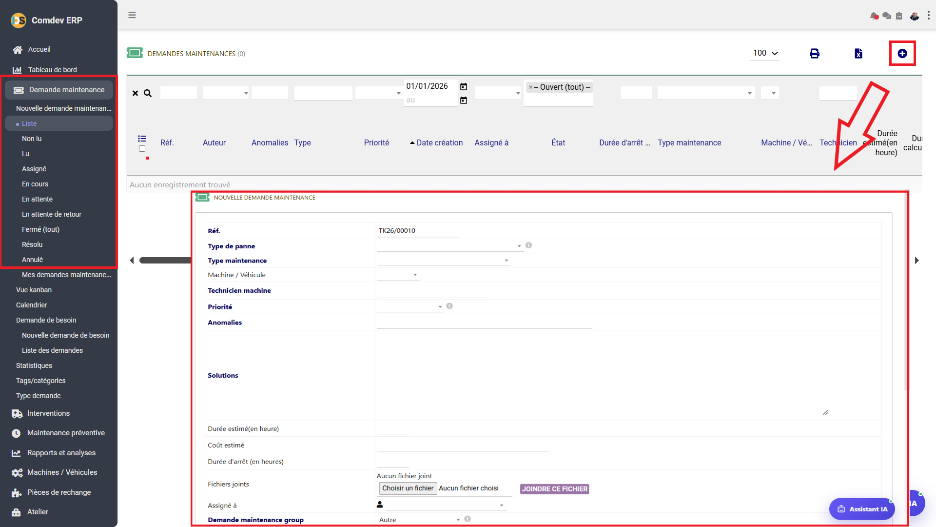 Interface Gestion et Création des Demandes de Maintenance Comdev ERP