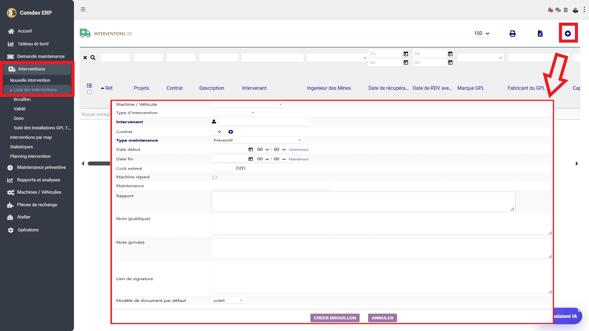 Interface Création et Liste des Interventions GMAO Comdev ERP
