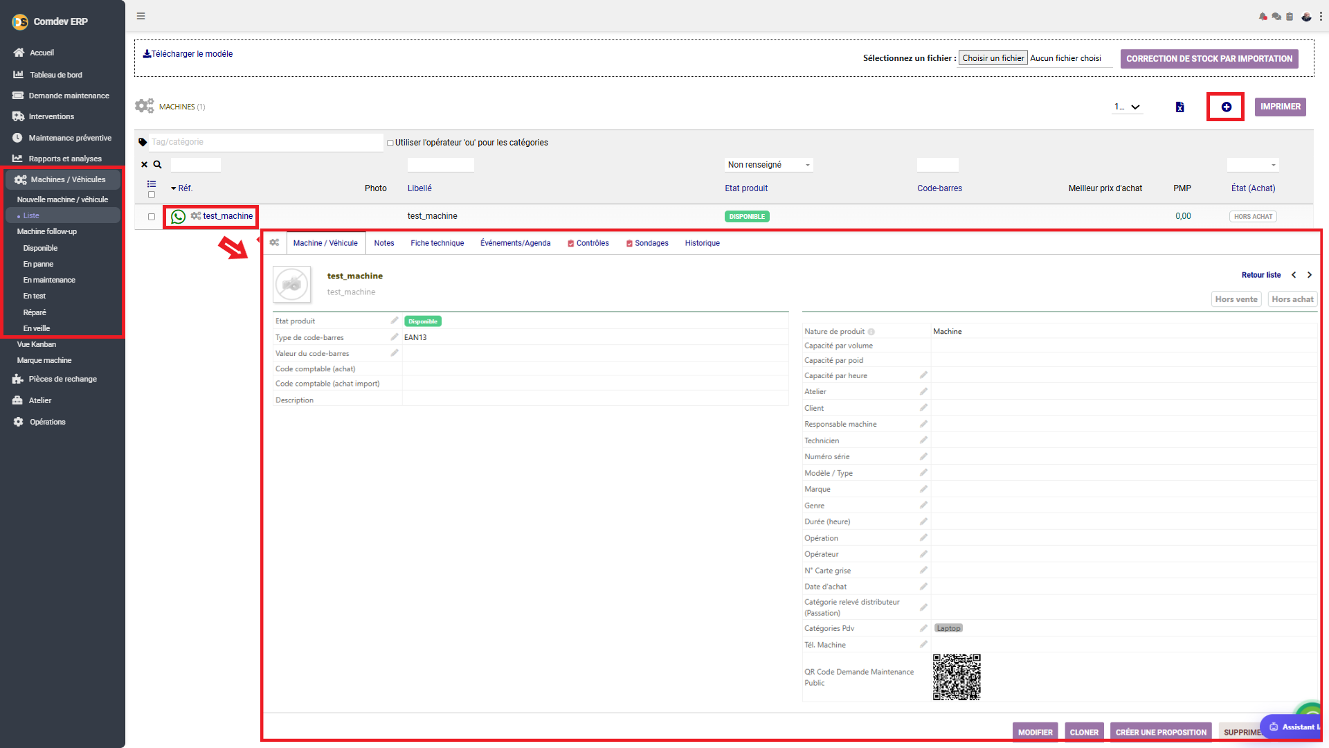 Interface Liste et Fiche Détail Machine GMAO Comdev ERP