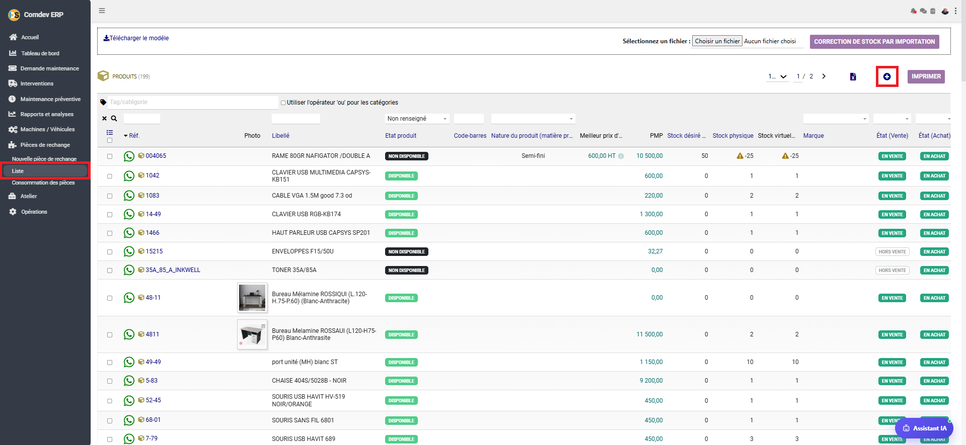 Interface Liste des Pièces de Rechange GMAO Comdev ERP