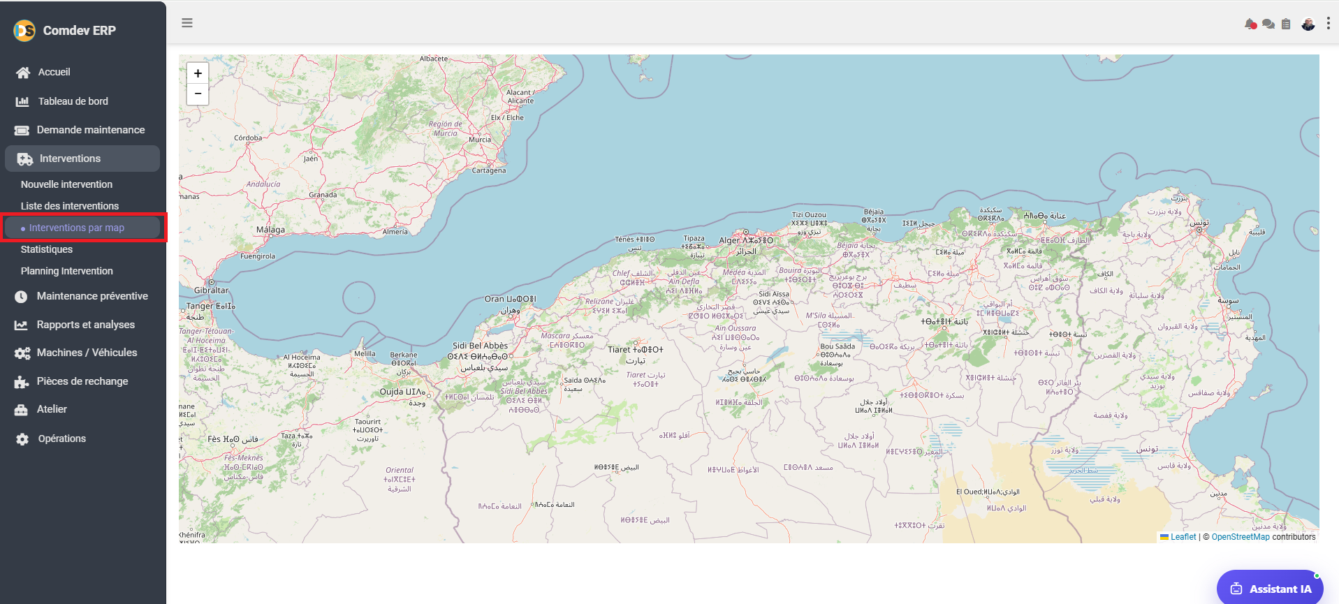 Interface Cartographique Interventions par Map GMAO Comdev ERP