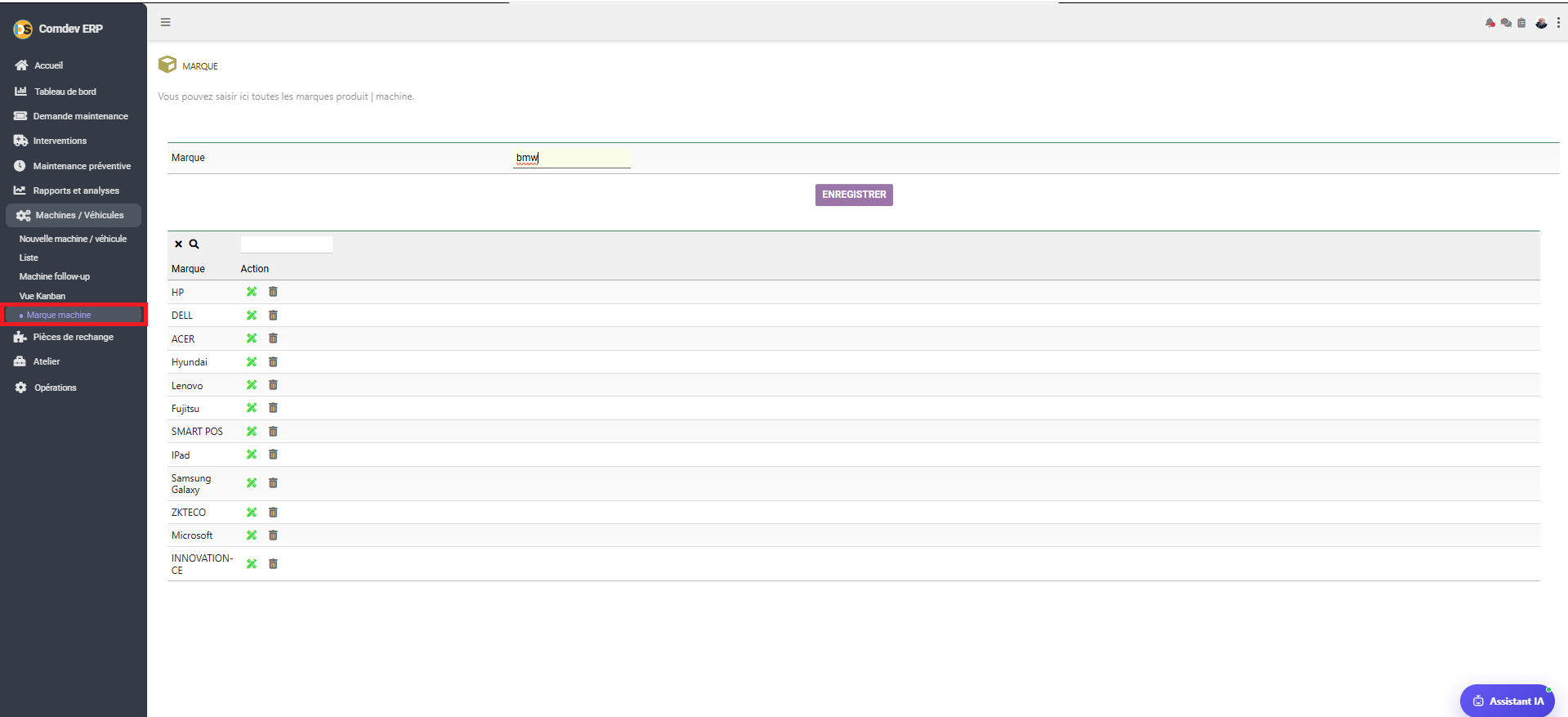 Interface Gestion des Marques GMAO Comdev ERP