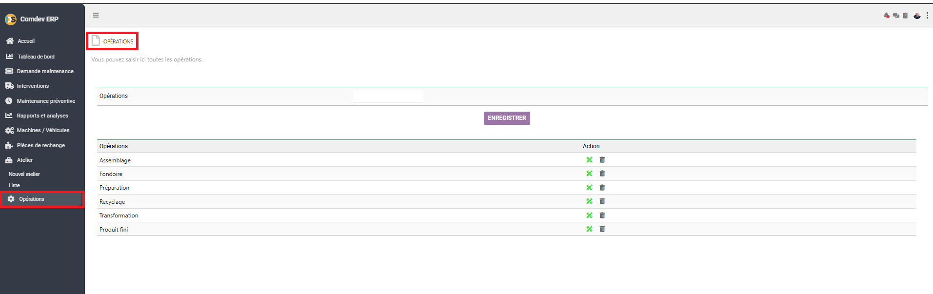 Interface Opérations GMAO Comdev ERP