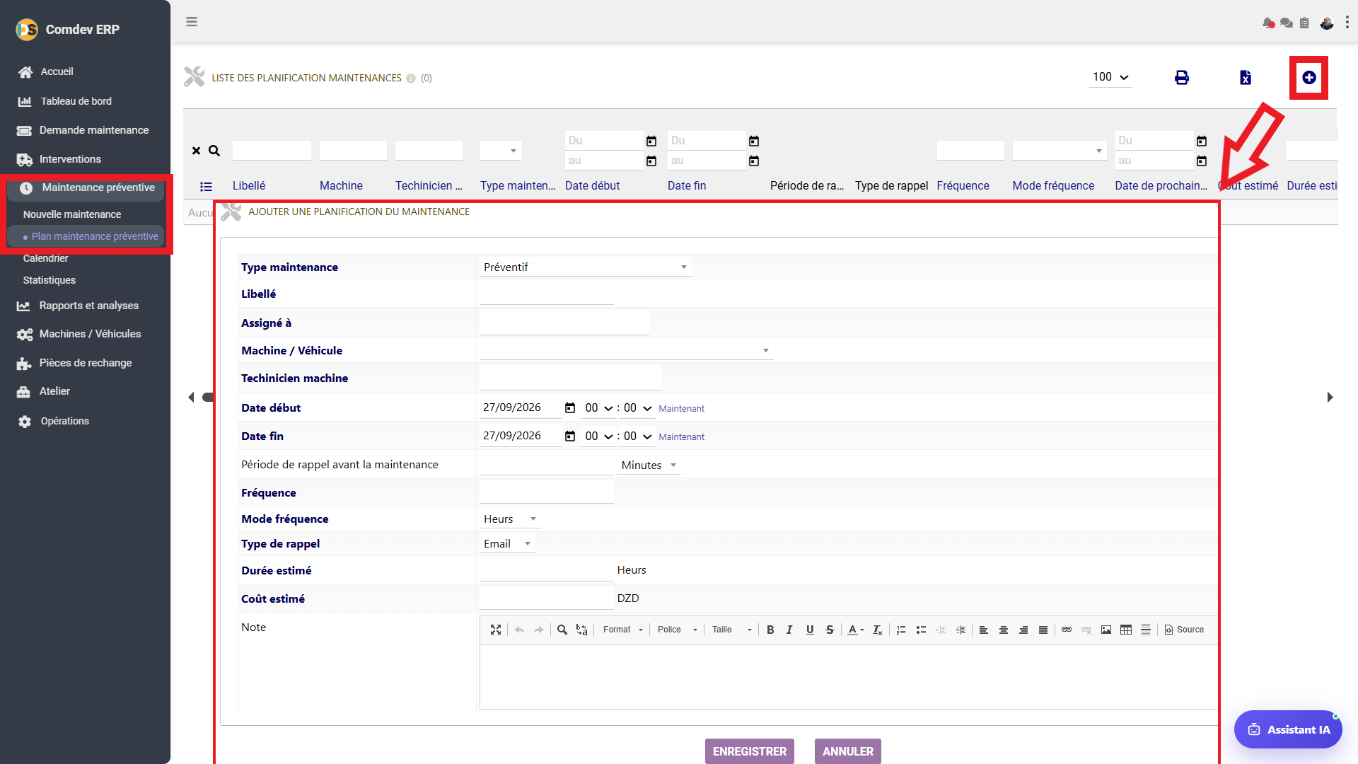 Interface Plan Maintenance Préventive GMAO Comdev ERP