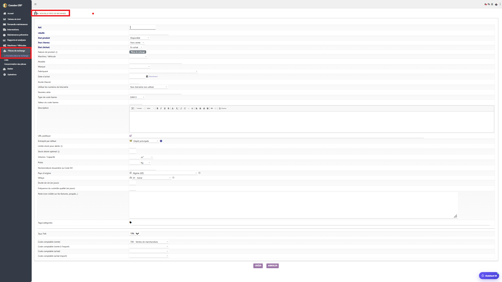 Interface Nouvelle Pièce de Rechange GMAO Comdev ERP