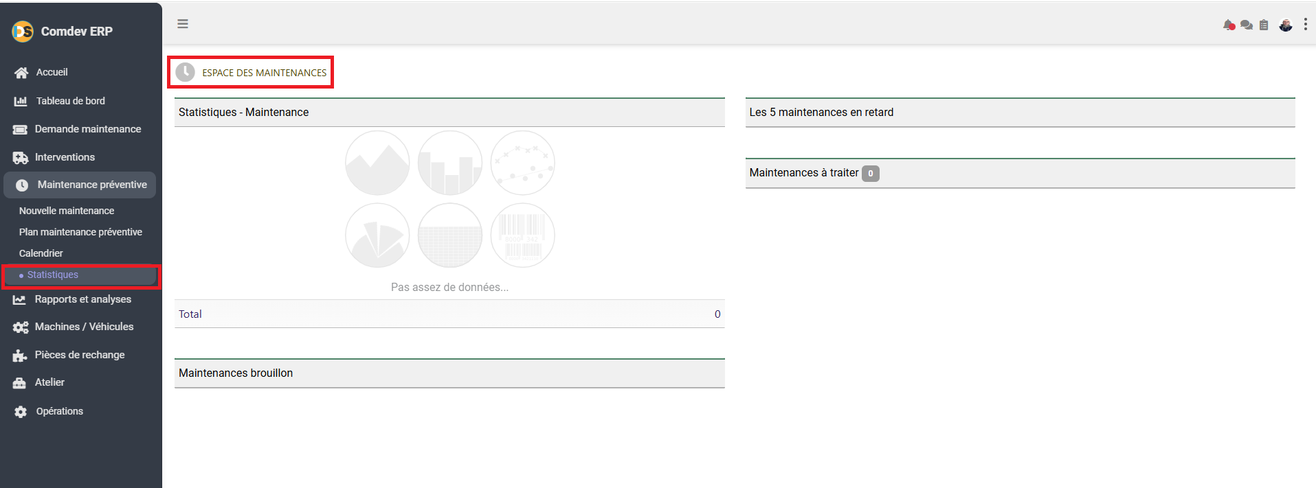 Interface Statistiques Espace des Maintenances Comdev ERP