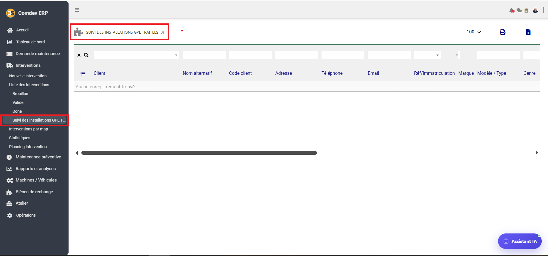 Interface Suivi des Installations GPL Traitées GMAO Comdev ERP