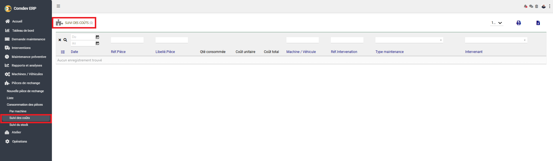 Interface Suivi des Coûts GMAO Comdev ERP
