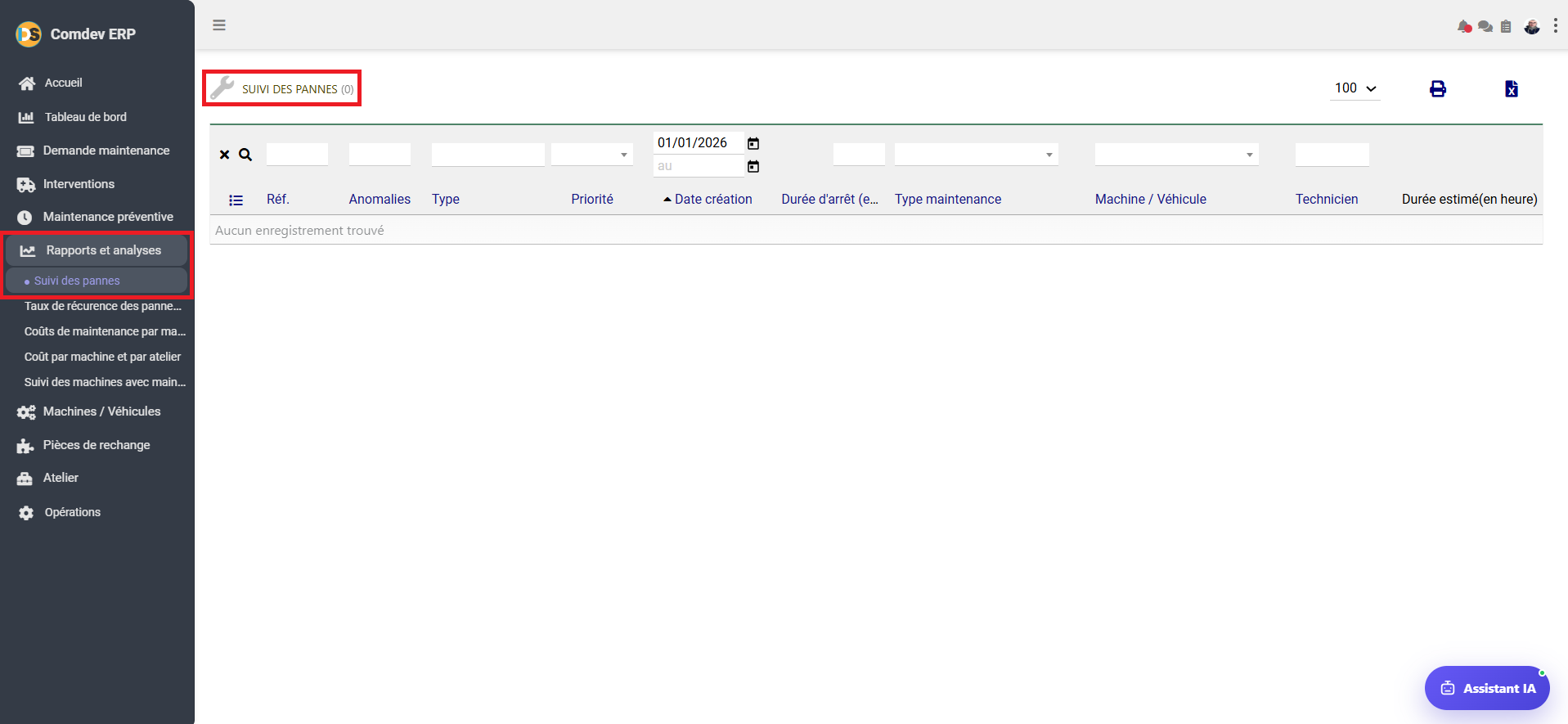 Interface Suivi des pannes GMAO Comdev ERP