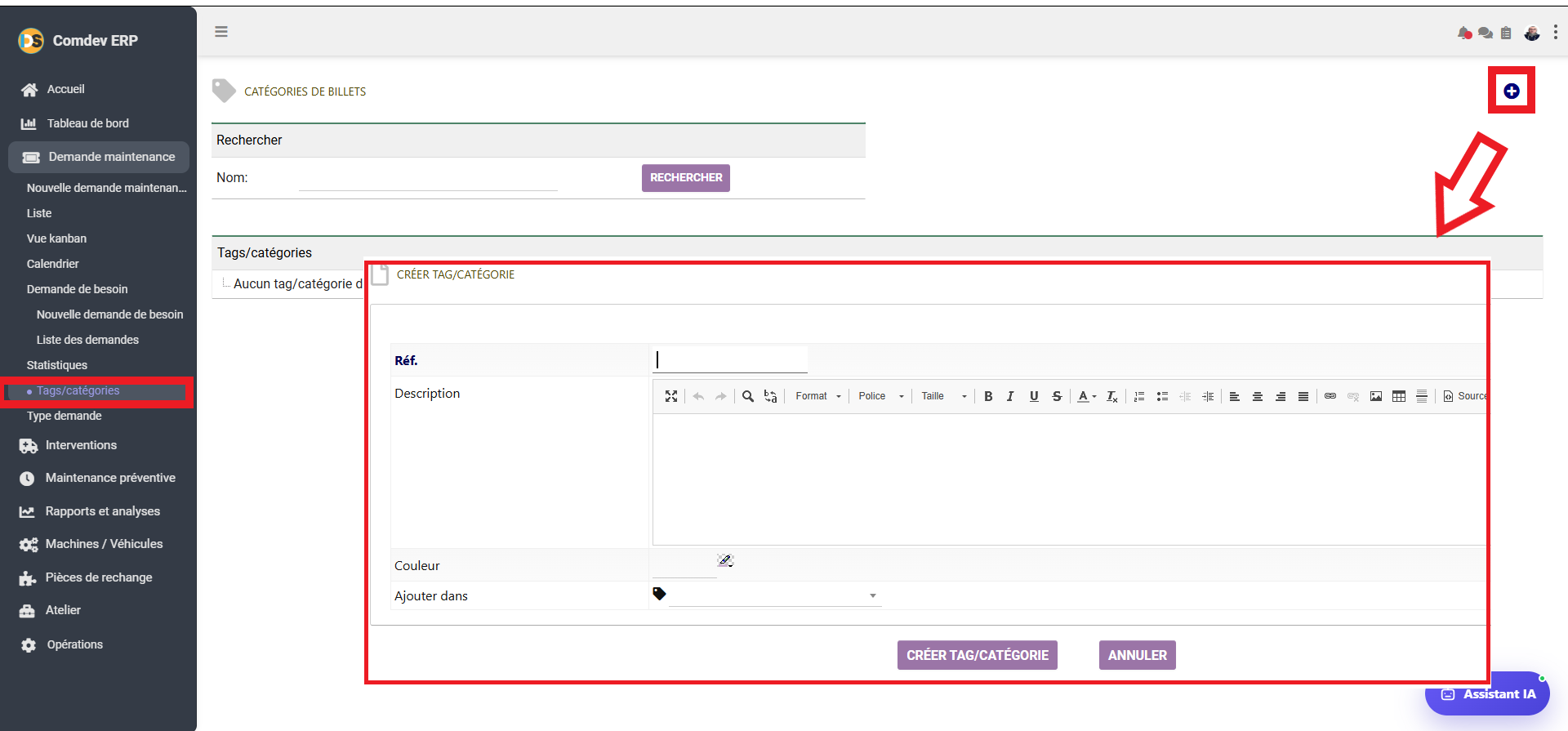 Interface Tags et Catégories de Billets GMAO Comdev ERP