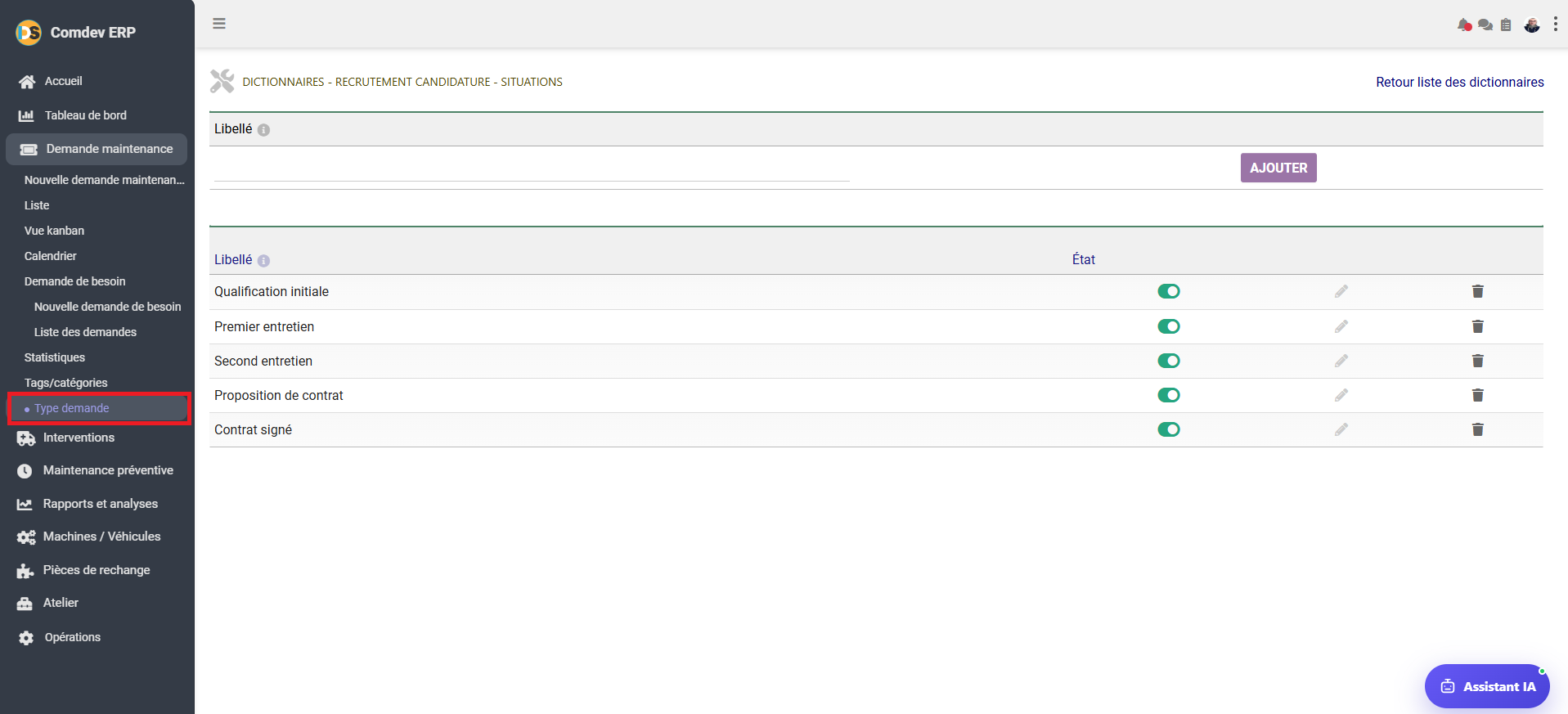 Interface Type de Demande Dictionnaires GMAO Comdev ERP