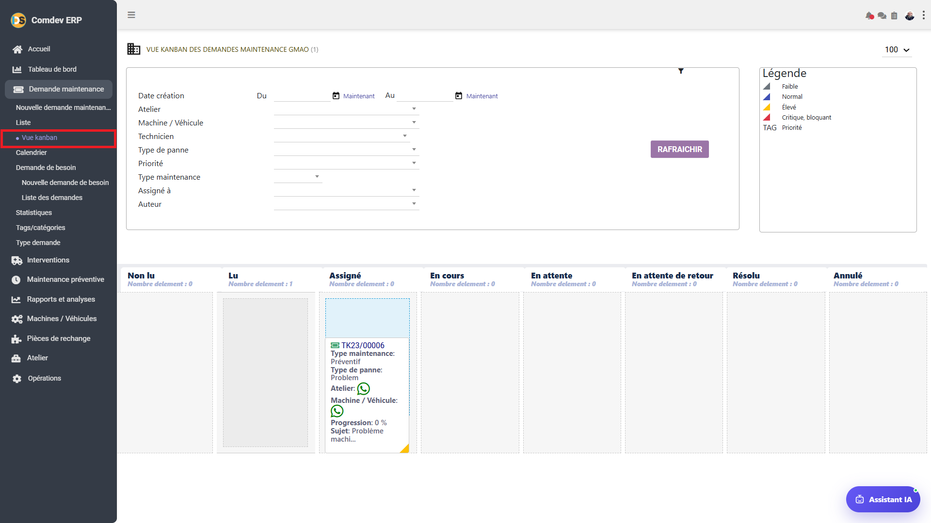 Interface Vue Kanban des Demandes Maintenance GMAO Comdev ERP