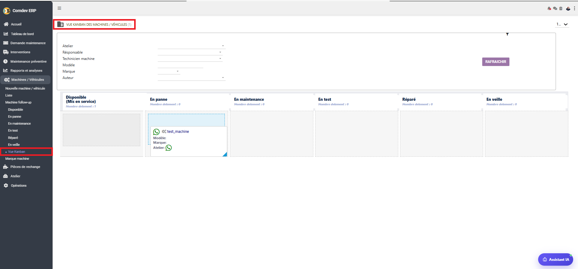 Interface Vue Kanban des Machines / Véhicules GMAO Comdev ERP