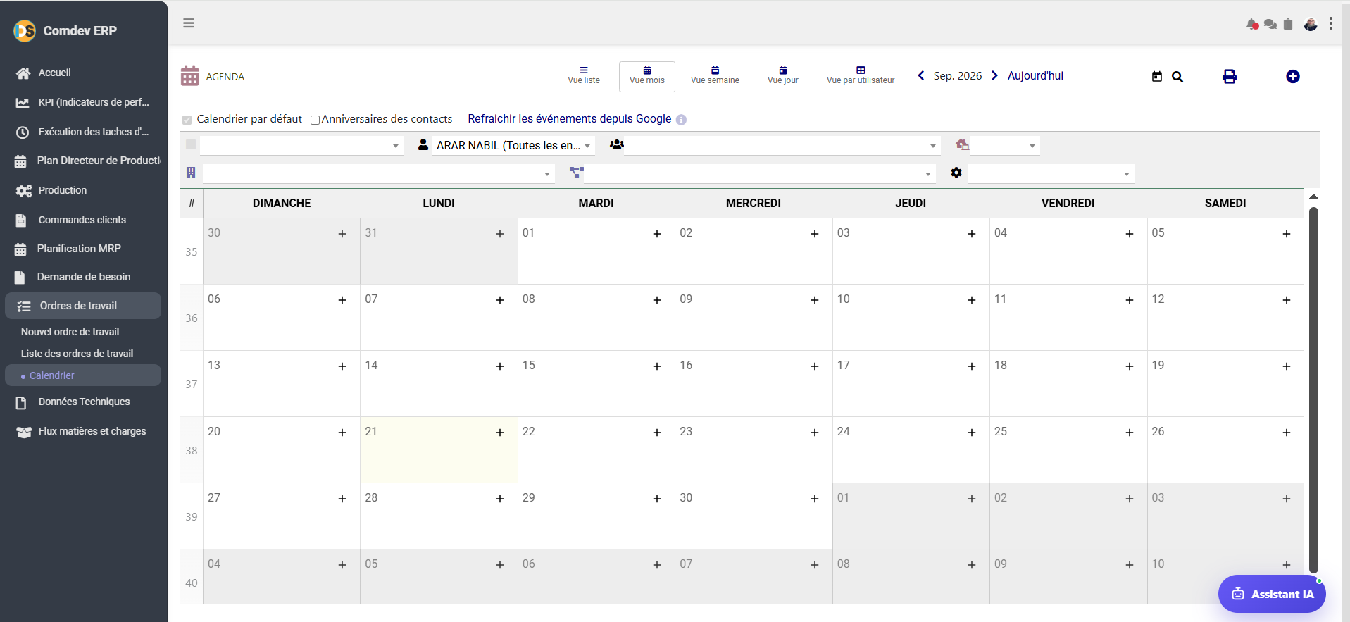 Interface Agenda Calendrier Comdev ERP