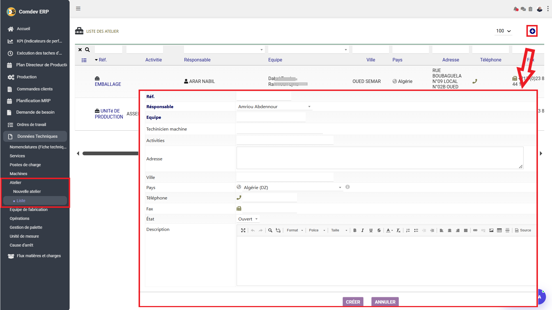 Interface Liste des Ateliers et Formulaire Nouvel Atelier Comdev ERP