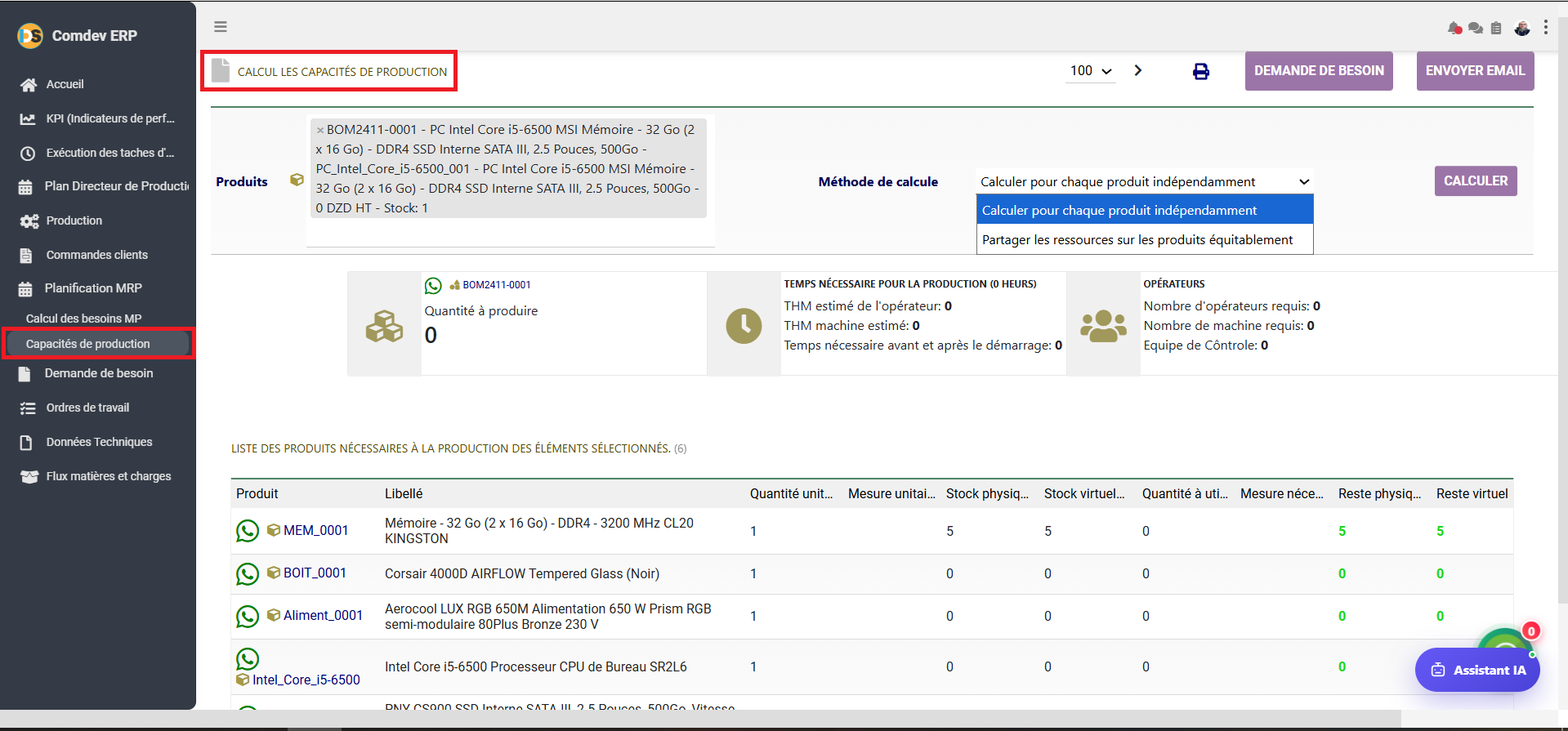 Interface Calcul des Capacités de Production Comdev ERP