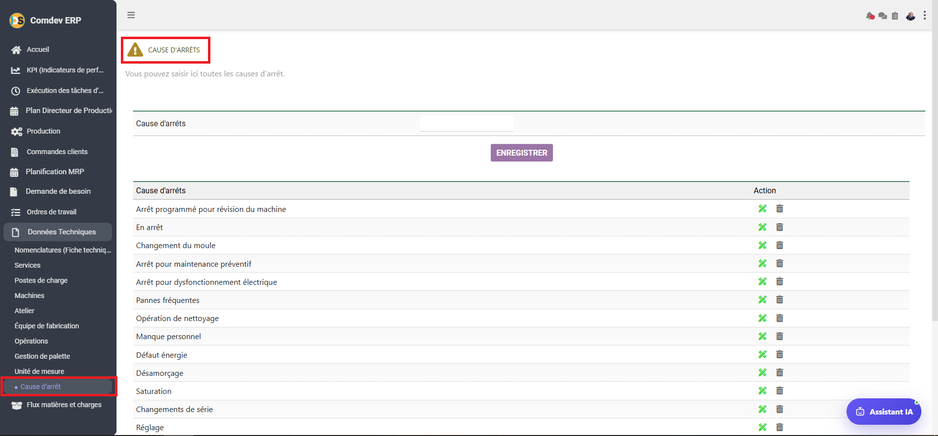 Interface Cause d'arrêt Comdev ERP