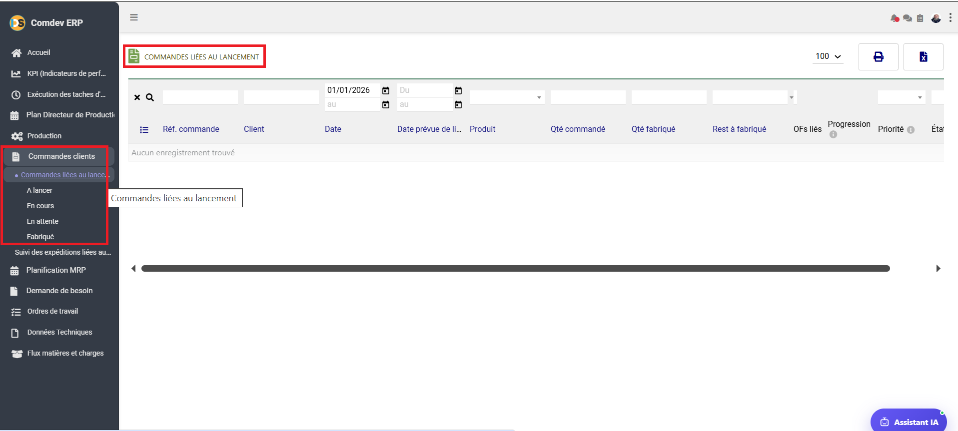Interface Commandes Liées au Lancement Comdev ERP