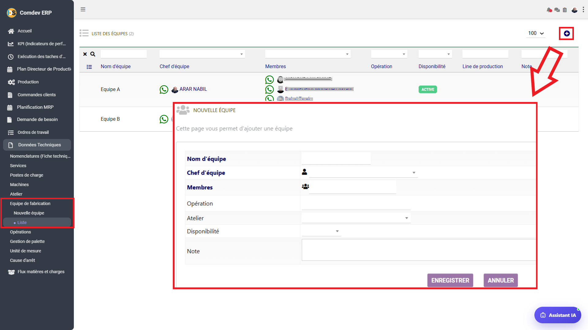Interface Liste des Équipes de Fabrication et Formulaire Nouvelle Équipe Comdev ERP