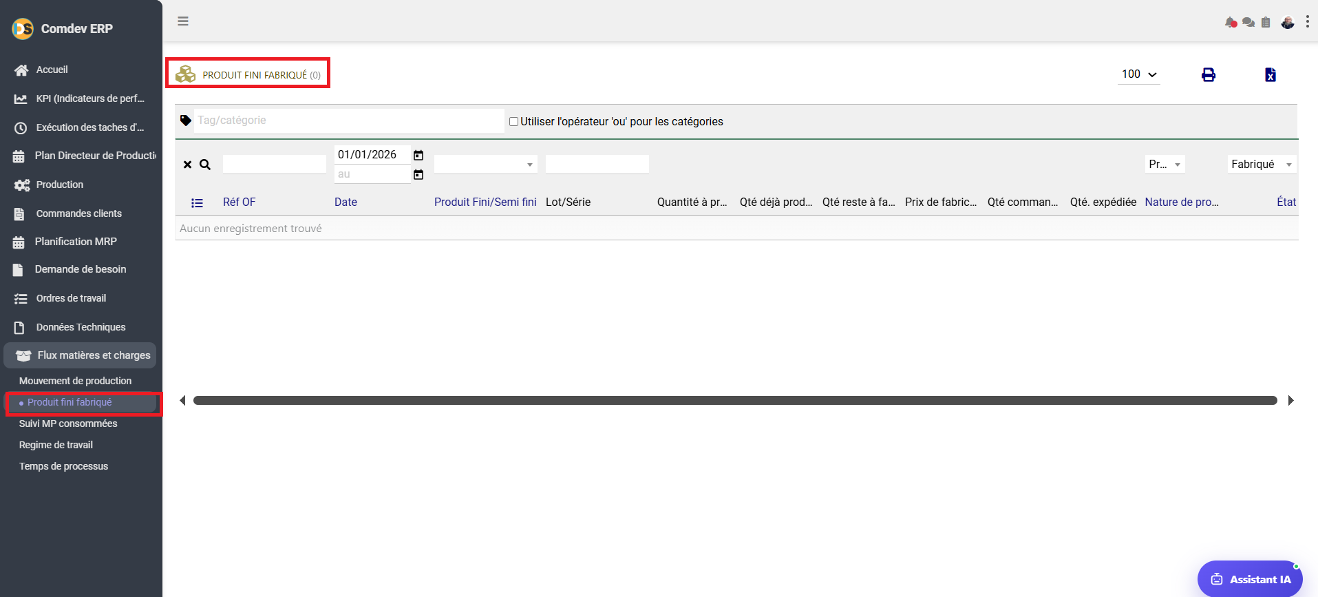 Interface Produit Fini Fabriqué Comdev ERP