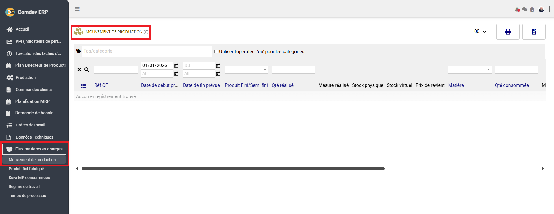 Interface Mouvement de Production Comdev ERP