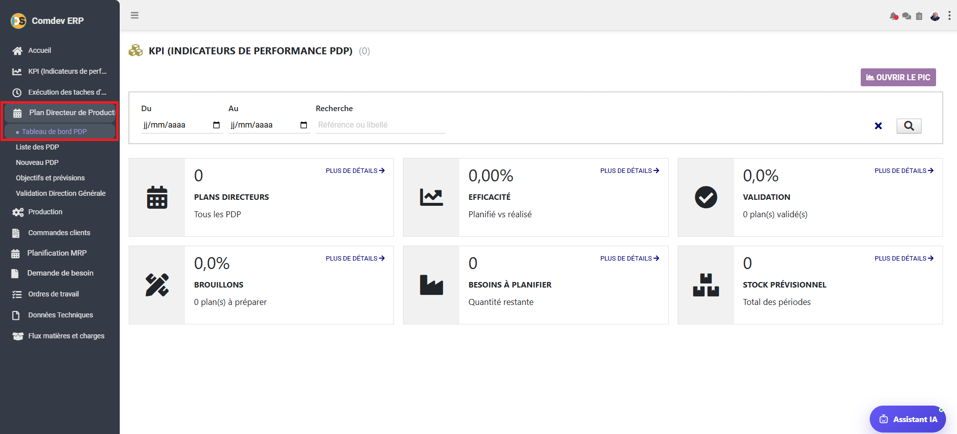 Interface KPI Indicateurs de Performance PDP Comdev ERP