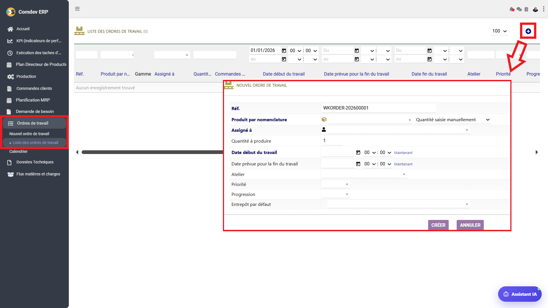 Interface Ordres de Travail Comdev ERP