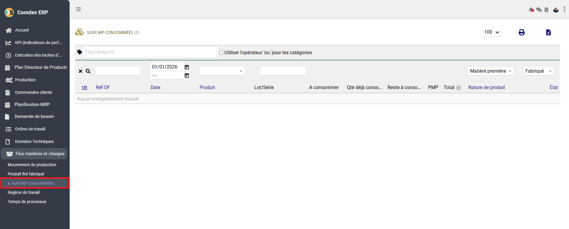 Interface Suivi MP Consommées Comdev ERP