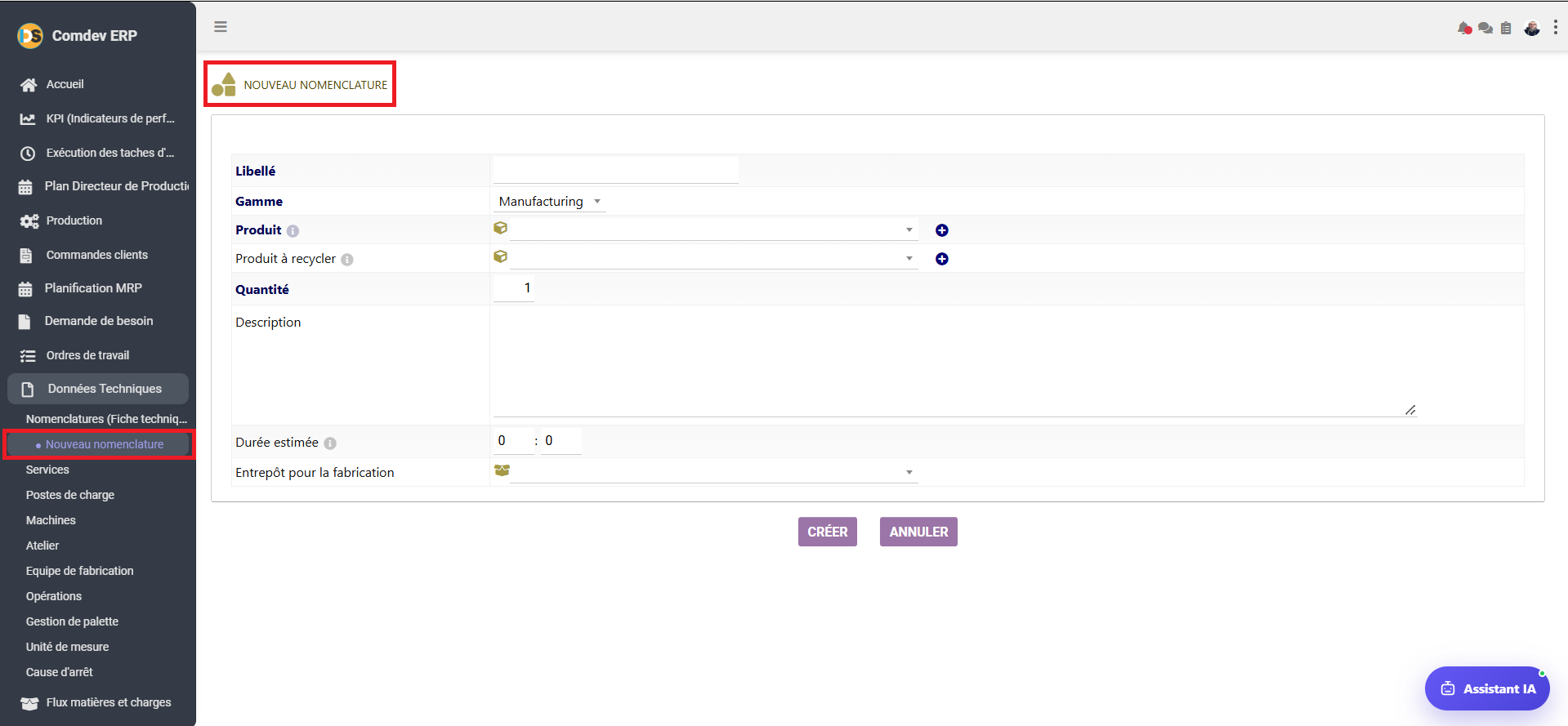 Interface Nouveau Nomenclature Comdev ERP