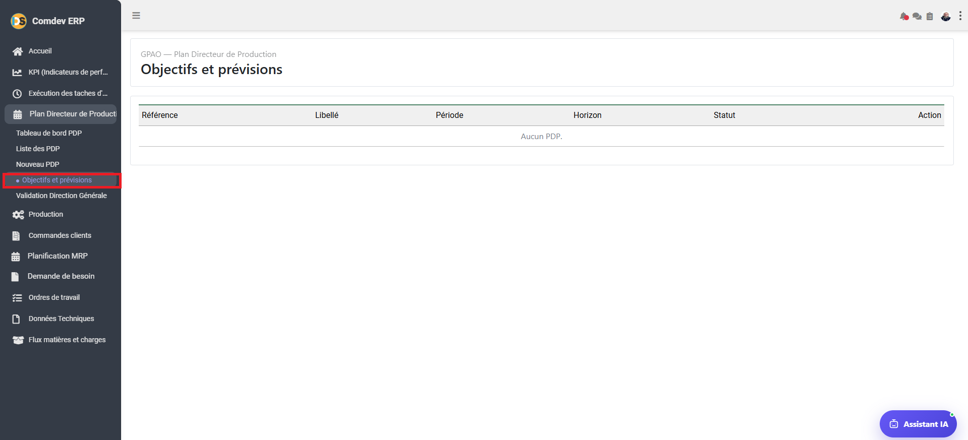Interface Objectifs et prévisions Comdev ERP