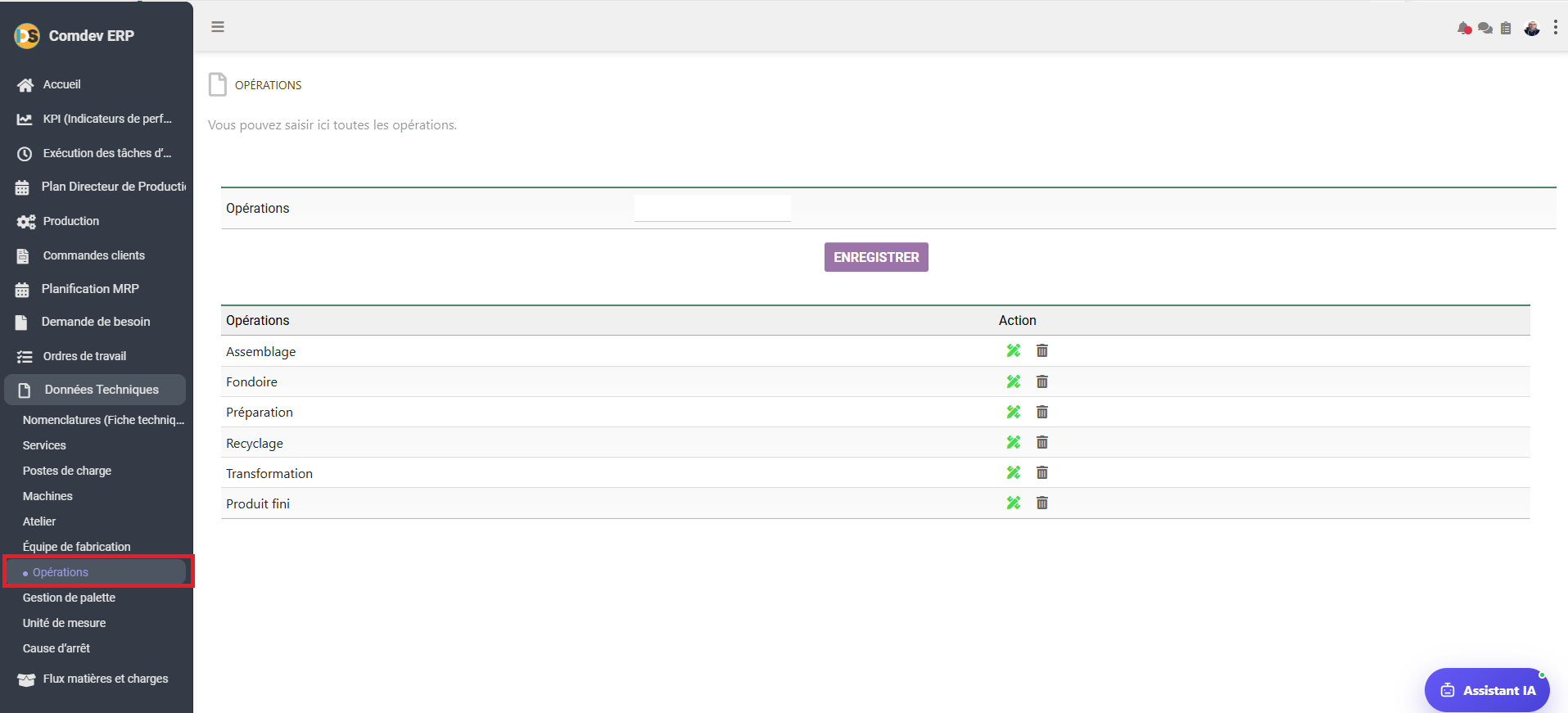 Interface Saisie et Liste des Opérations Comdev ERP
