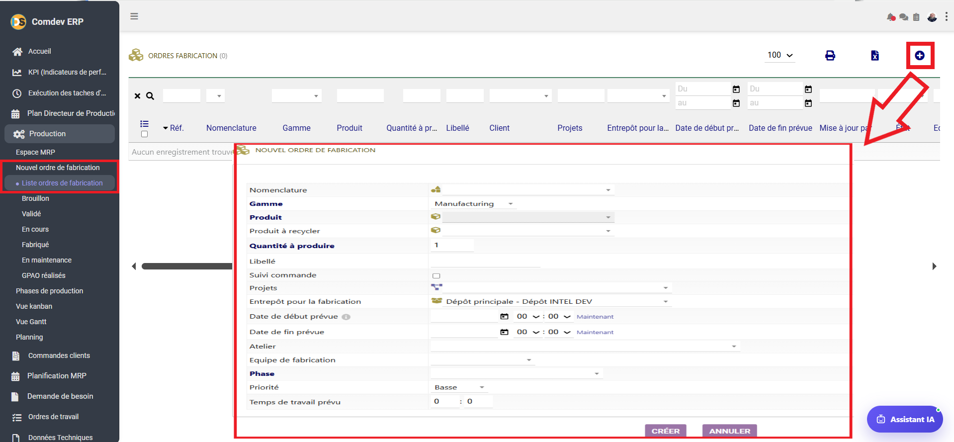 Interface Formulaire Ordre de Fabrication Comdev ERP
