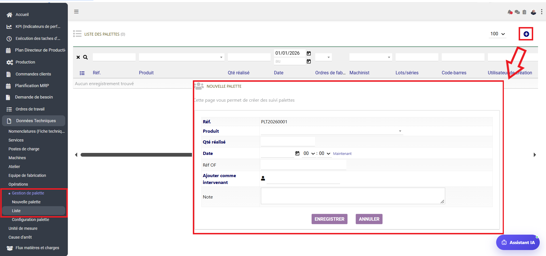 Interface Liste des Palettes et Formulaire Nouvelle Palette Comdev ERP