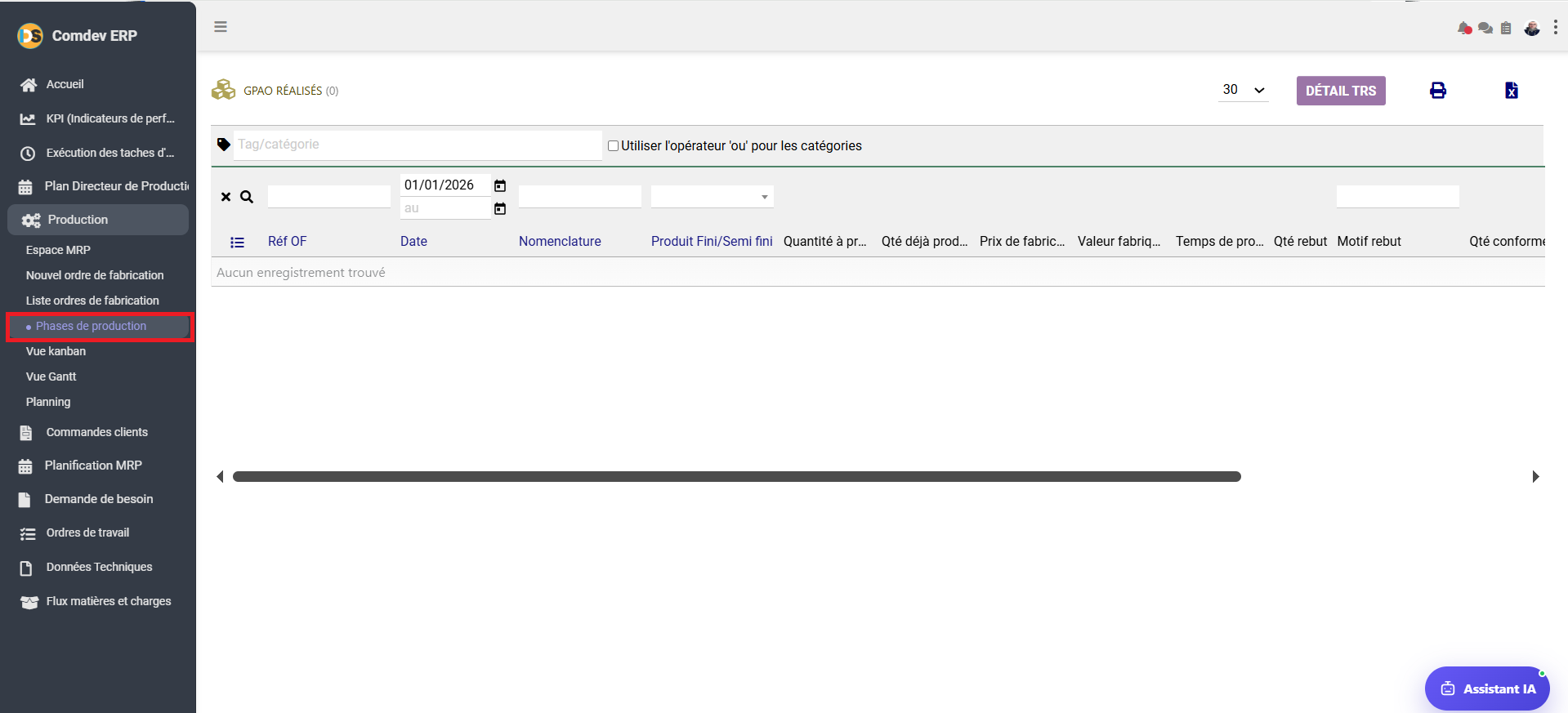 Interface Phases de Production GPAO Réalisés Comdev ERP