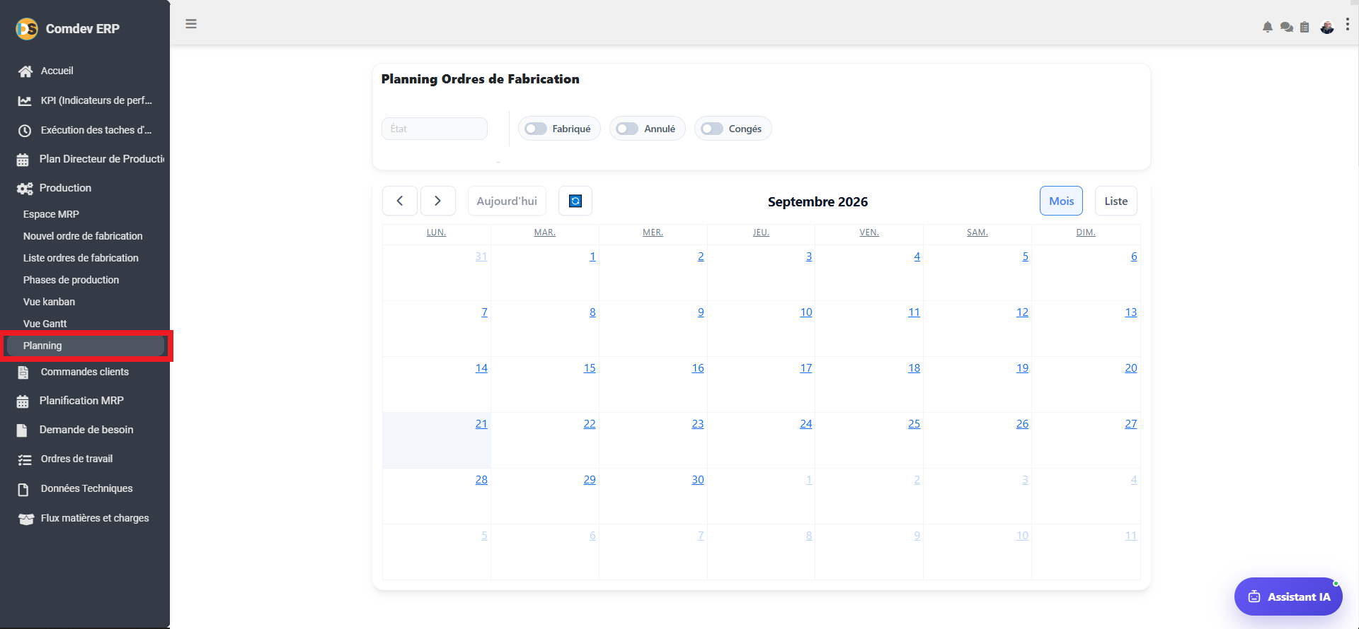 Interface Planning des Ordres de Fabrication Comdev ERP