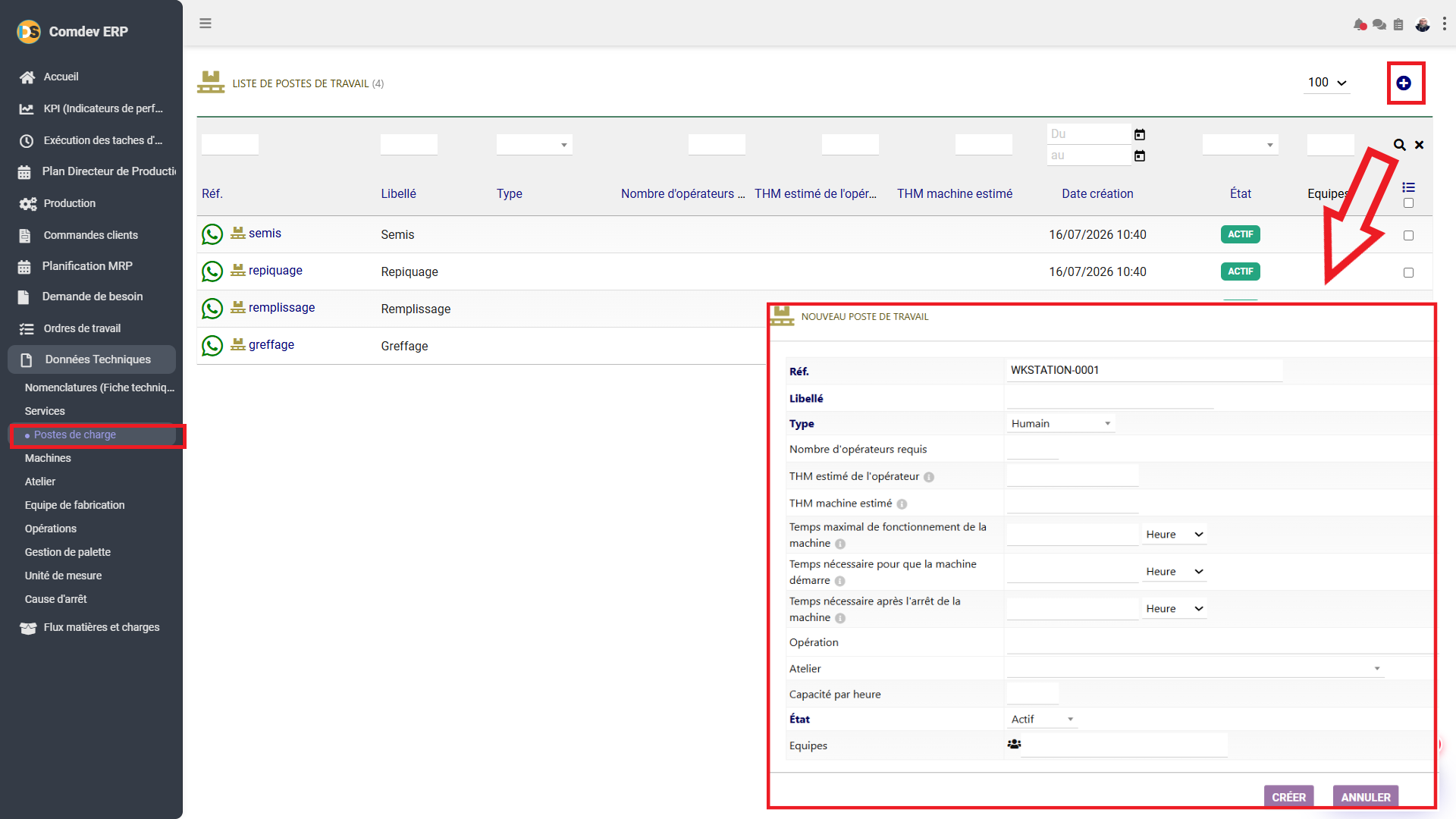 Interface Postes de Charge et Nouveau Poste Comdev ERP