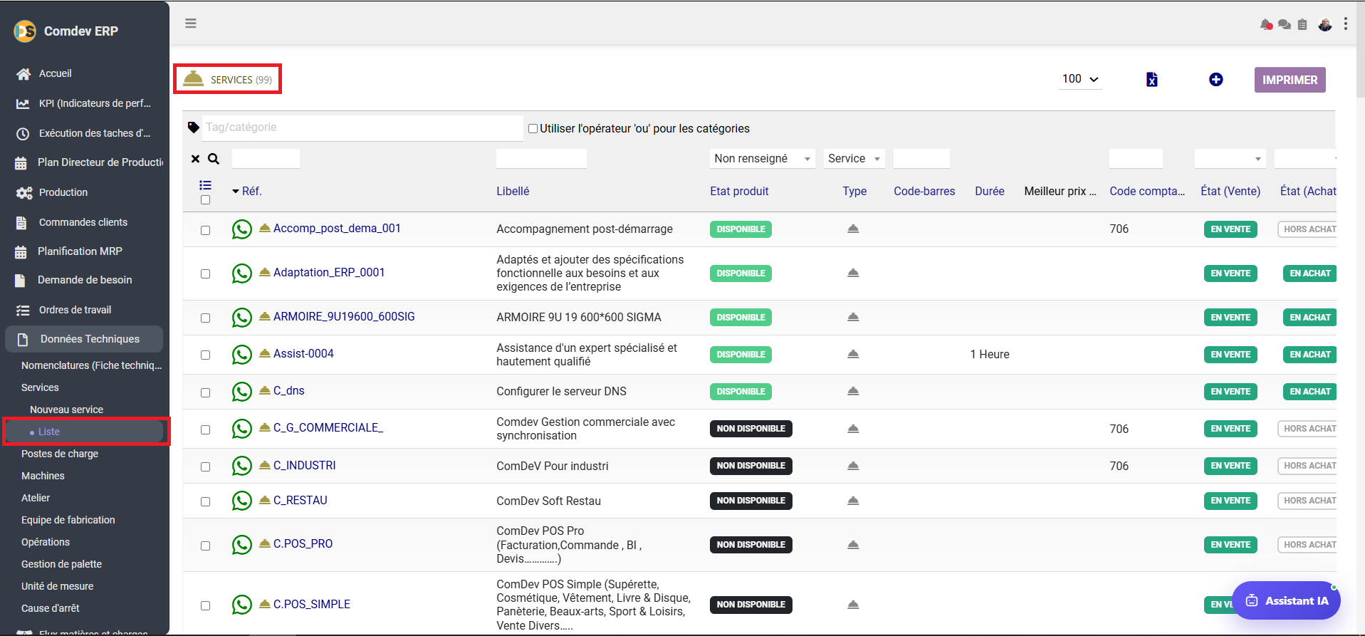 Interface Liste des Services Comdev ERP