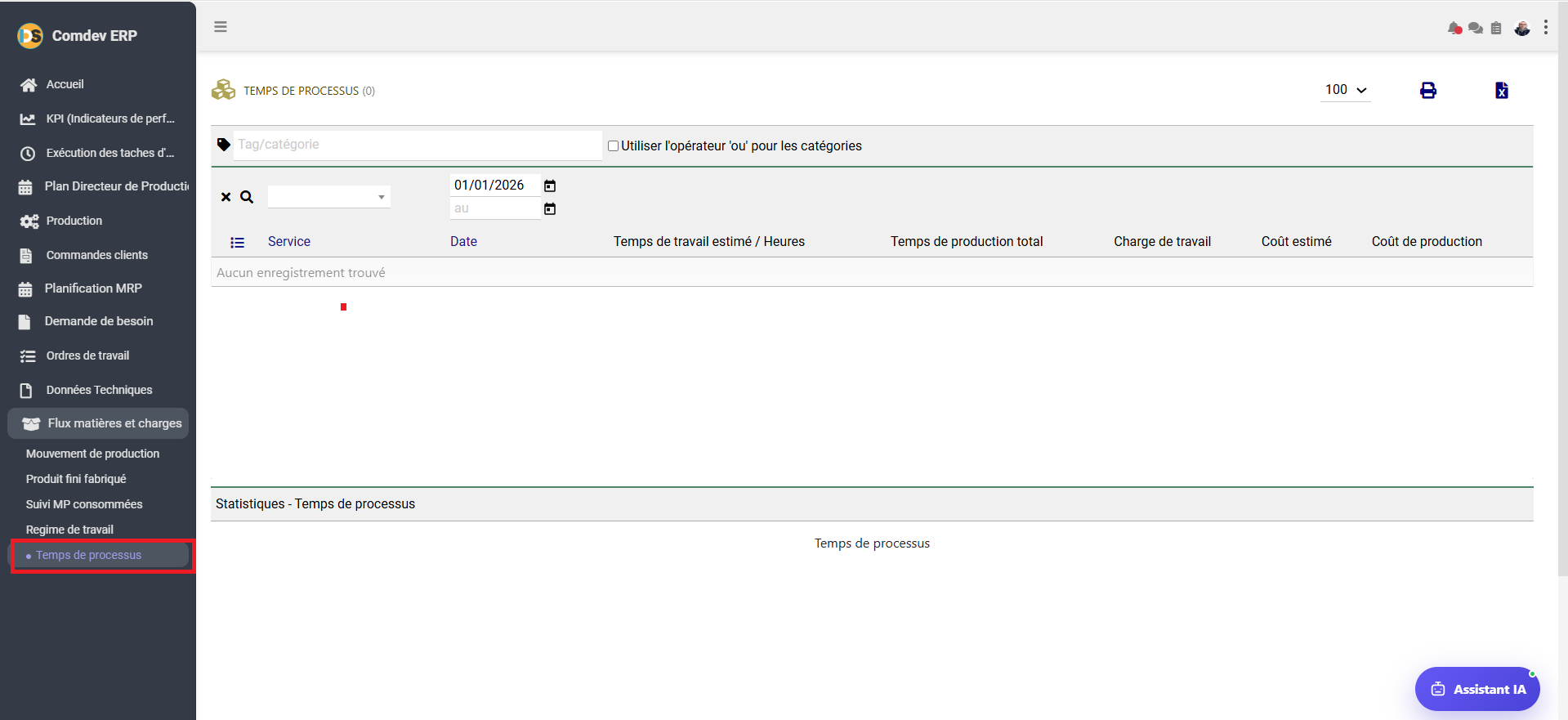 Interface Temps de processus Comdev ERP